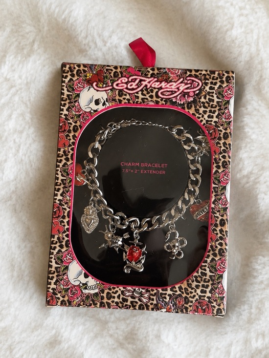 Ed Hardy Accessories - Ed Hardy Silver-Tone Charm Bracelet with Red Enamel Heart